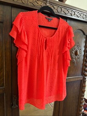 Zac & Rachel Coral-Red Ruffled Sleeve Swiss Dot Top